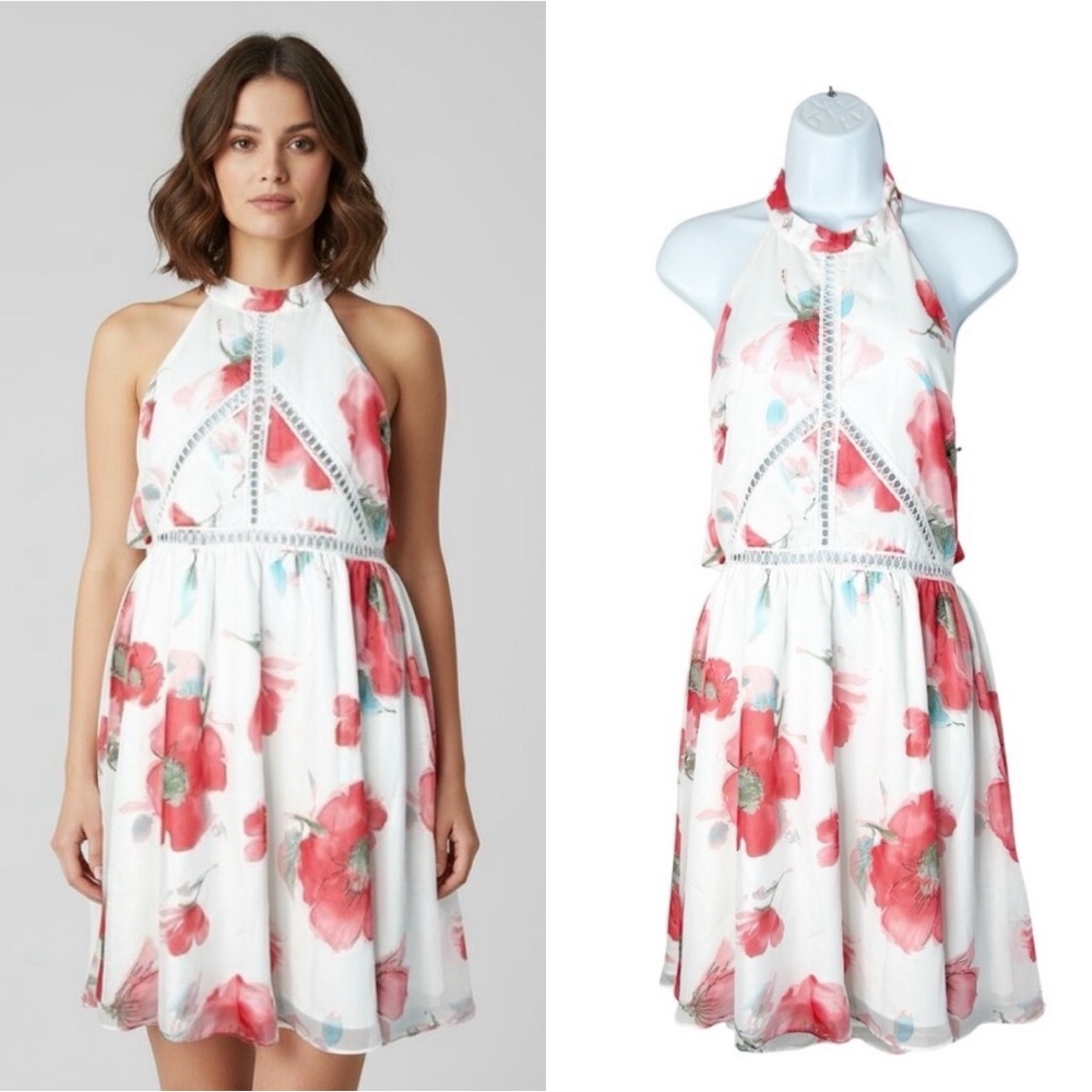 Two Sisters The Label Floral Halter Mini Dress Chiffon Size Large Boho Chic